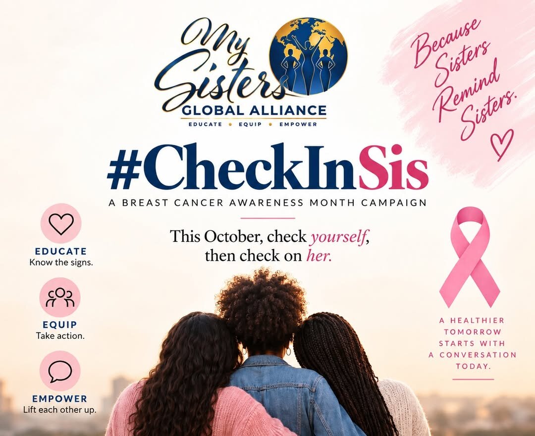 MySGA #CheckInSis campaign graphic: three women standing together looking out over a city at sunset, with the Educate, Equip, Empower icons and the message, check yourself, then check on her.