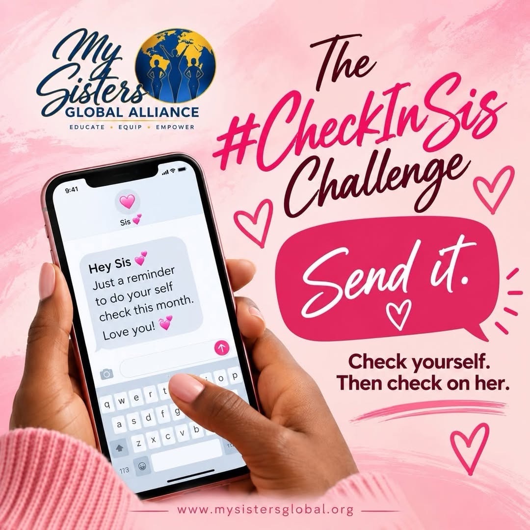 The #CheckInSis Challenge graphic: a hand holding a phone showing a text reminder, with a Send it speech bubble and the message, check yourself, then check on her.